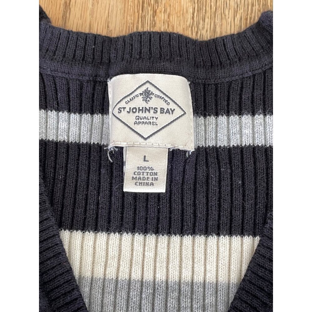 St Johns Bag V-Neck Sweater Womens L Black/Gray Stripe Fitted Long Sleeve 90s - Picture 4 of 6